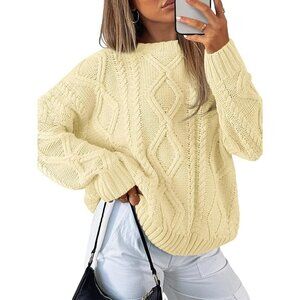 Women's Trendy Creamy Corn Sweaters Shirt Style Winter Cozy Cable Knit Crewneck